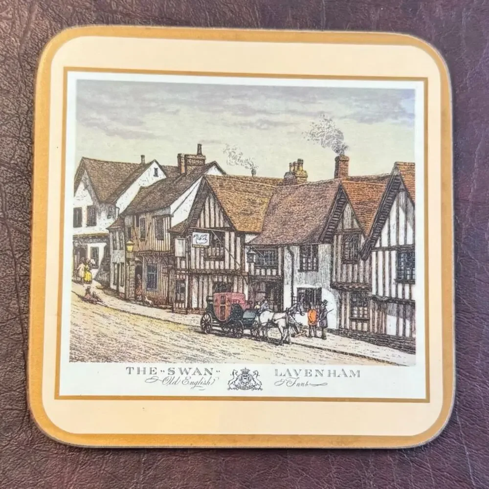 Vintage Pimpernel Coasters English Village Inns Cork Backed Set of 6 w/ Box